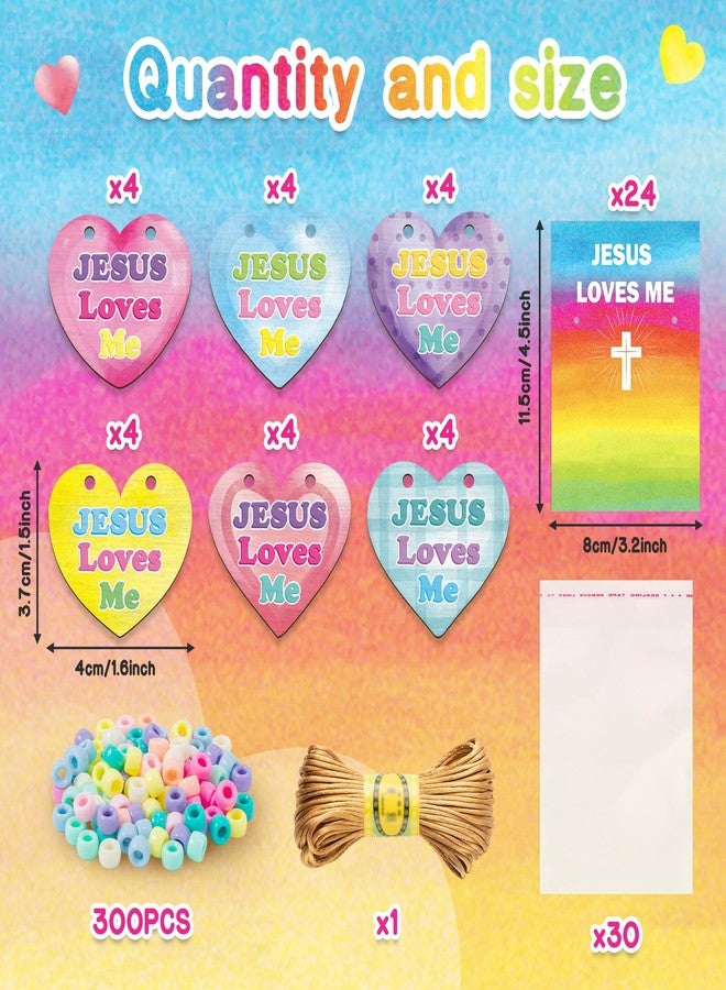 BeYumi Valentine Necklace Craft Kit - 24Pcs DIY Valentine JESUS LOVES ME Wooden Heart Pendant Beads Necklace Making with Greeting Card Christian Religious Gift Kids Church School Classroom Party Favor - Image 2